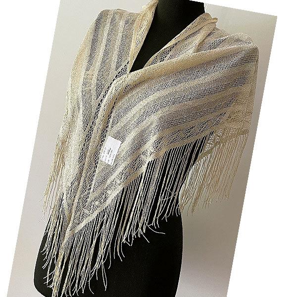 ナイロン100％三角ストール150x61cm（フリッジ約15cm含む）極細金糸