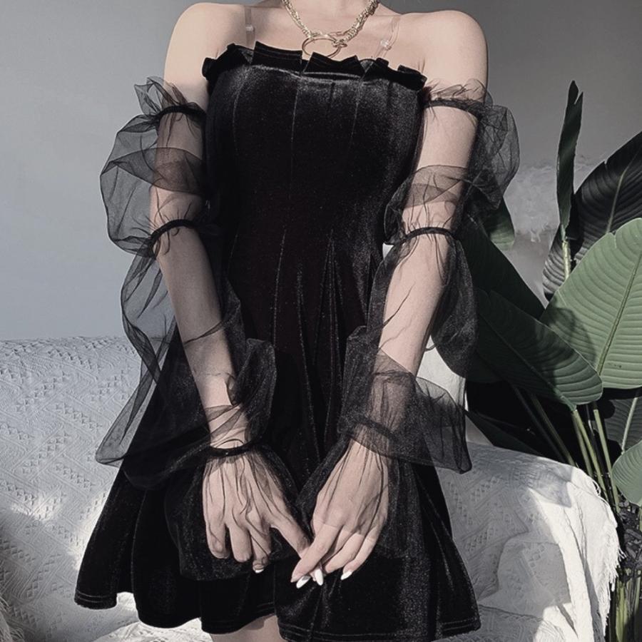 ワンピース オフショルダー シースルー ブラック 長袖 ゴスロリ セクシー パーティー ドレス 黒 ミニワンピ ベロア きれいめ 1016 Ie 47 ヤフー店 通販 Yahoo ショッピング
