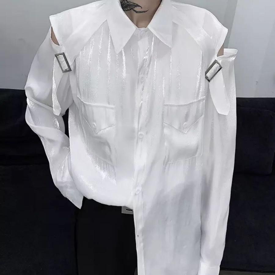 メンズ シャツ 長袖 黒 白 スチームパンク 服 肩出し トップス パンクロック V系 Men Black White Belt Shirt Long Ie 47 ヤフー店 通販 Yahoo ショッピング