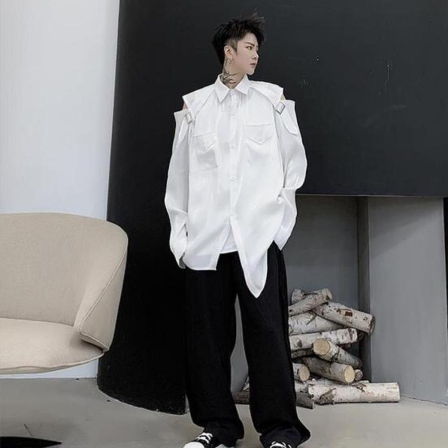 メンズ シャツ 長袖 黒 白 スチームパンク 服 肩出し トップス パンクロック V系 Men Black White Belt Shirt Long Ie 47 ヤフー店 通販 Yahoo ショッピング