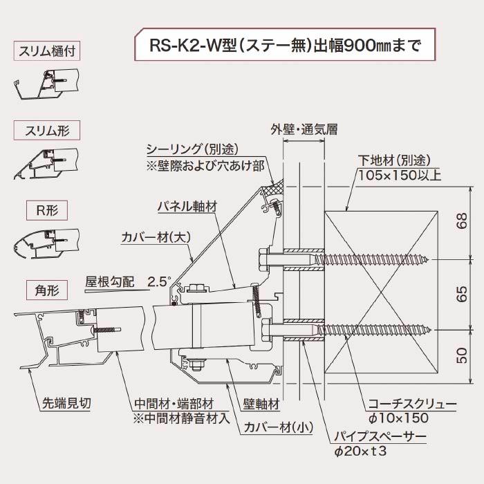 ダイケン 木造後付け庇 RS-K2-W型 D900×W1900 取付部品付き ステー無し (シルバー/ステンカラー/ブラック) RSバイザー DAIKENの画像