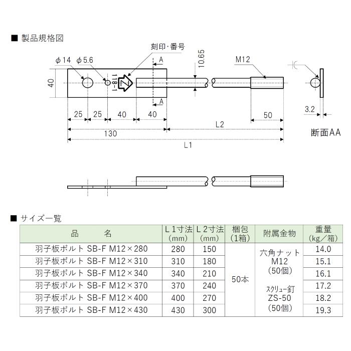 1ケース50本) Zマーク金物 (Z) SB-F 羽子板ボルト M12×370mm ZS-50付