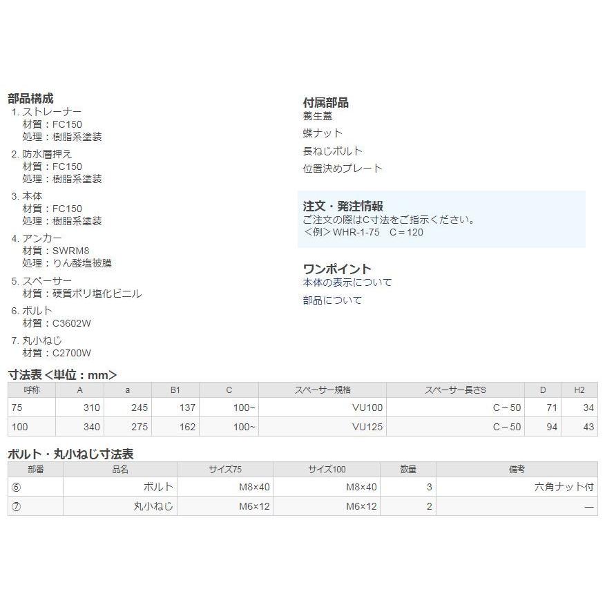 カネソウ WHR-1-75 ルーフドレン たて引き 屋上用 鋳鉄製 打込型 アスファルト防水・改質アスファルトシート防水 差し込み式_2