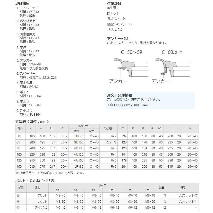 カネソウ EDSSRW-2-50 ルーフドレン たて引き 屋上用 ステンレス鋳鋼製 デッキプレート打込型 アスファルト防水・シート防水 ねじ込み式 外断熱用_2