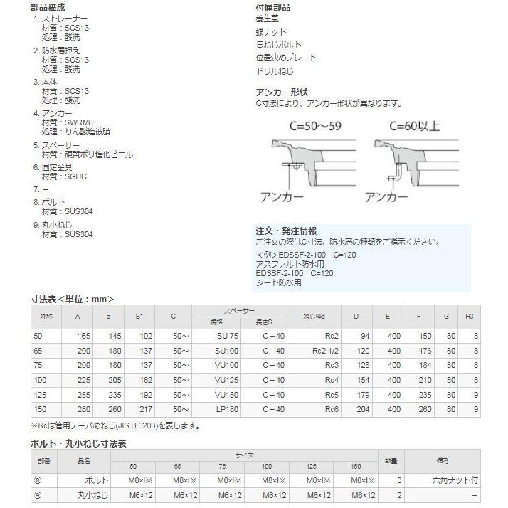 カネソウ EDSSF-2-100 ルーフドレン たて引き バルコニー・廊下・踊場用 ステンレス鋳鋼製 デッキプレート打込型 アスファルト防水・シート防水 ねじ込み式_2