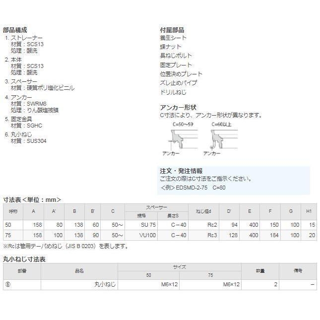 カネソウ EDSMD-2-75 ルーフドレン たて引き バルコニー・廊下・踊場用 ステンレス鋳鋼製 デッキプレート打込型 塗膜防水・モルタル防水 ねじ込み式