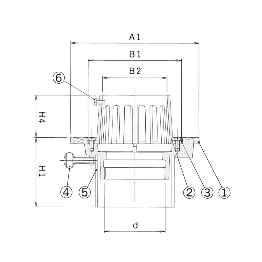 ニムラ ルーフドレイン MG1B 150(6インチ) 先付け(打込み式) ねじ込み接続 建築工事標準詳細図5-33-1 バルコニー中継用 モルタル・塗膜