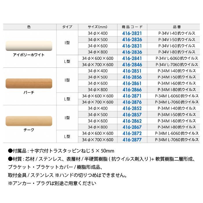 ナカ工業 ソフトハンド P-34M 抗ウイルス L-6060 チーク 34φ×600×600 1本_3