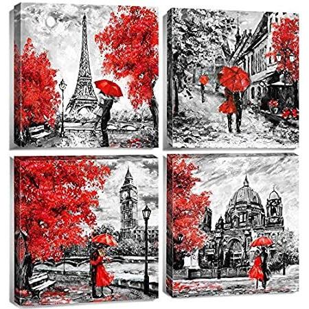 安い Wall Contemporary 【並行輸入品】 Art Berl Tower Eiffel Couple Umbrella Red and White Black アートレプリカ