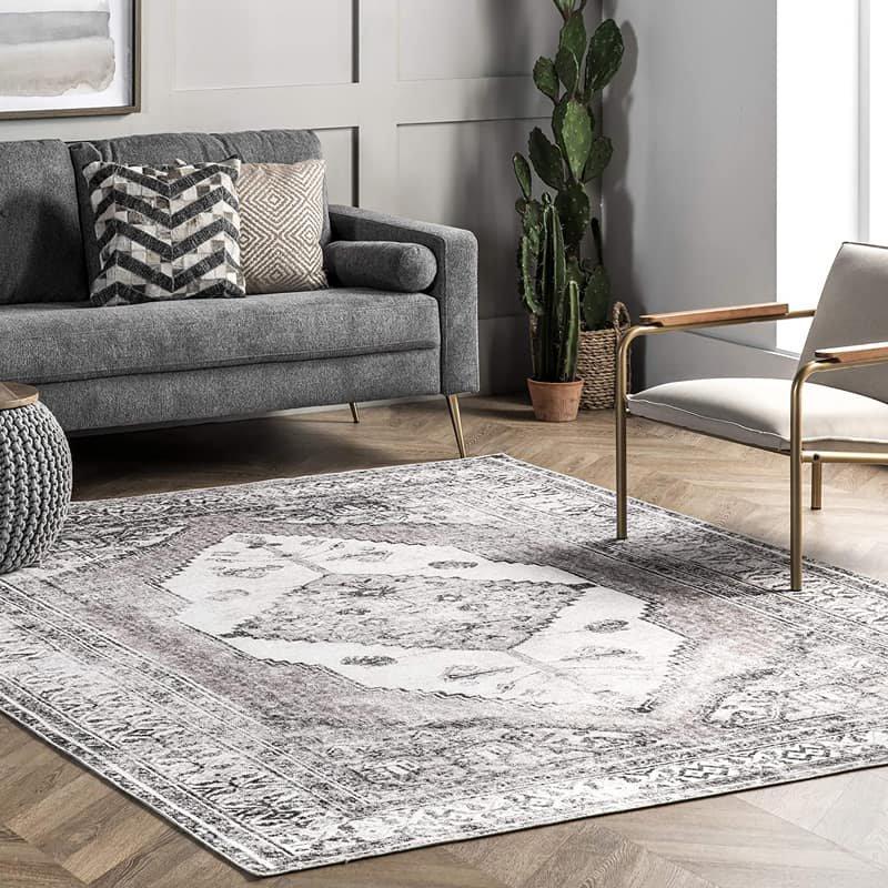 ヴィンテージ風 メダリオン柄 ウォッシャブルラグ ライトグレー Light Gray Plated Medallion Washable ...