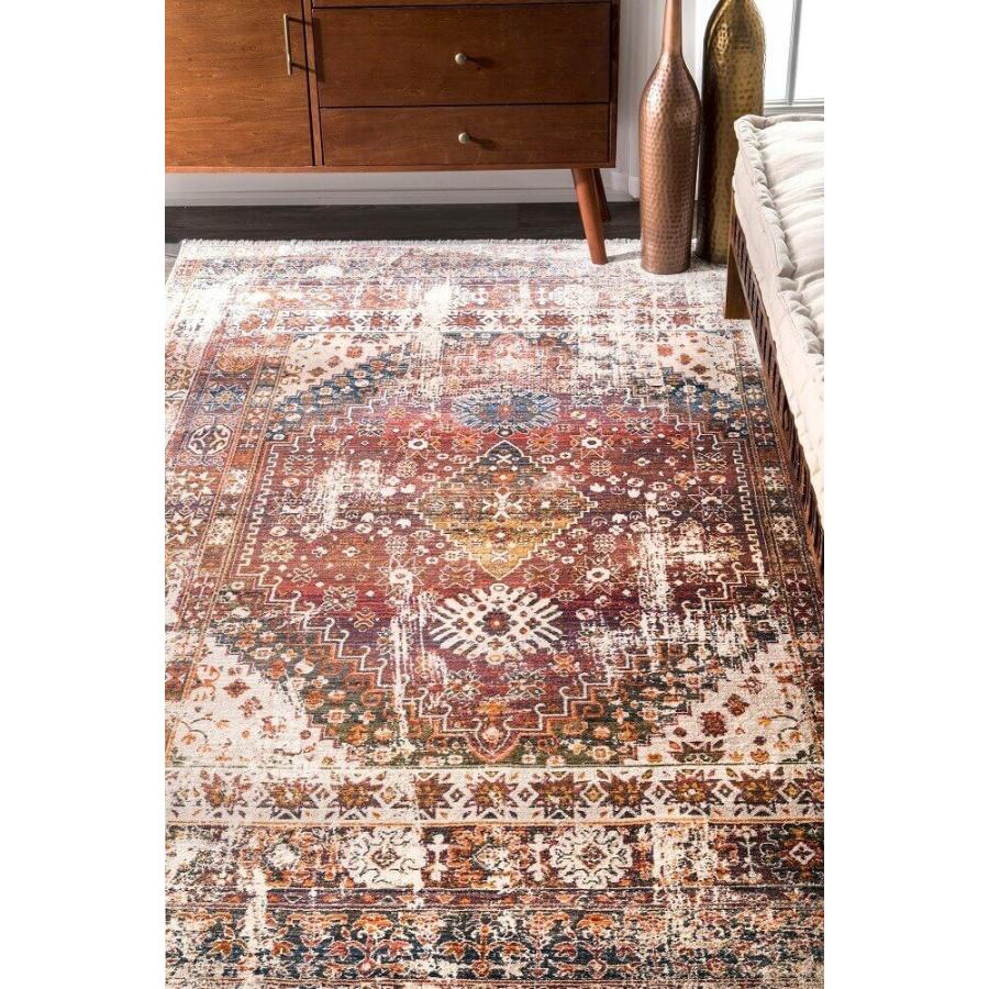 トルコ製 ヴィンテージ風 円形ラグ メダリオン柄 オリエンタル トライバル フリンジラグ ラスト Edessa Olden Tribal  Medallion Fringe Rug Rust 150cm円形