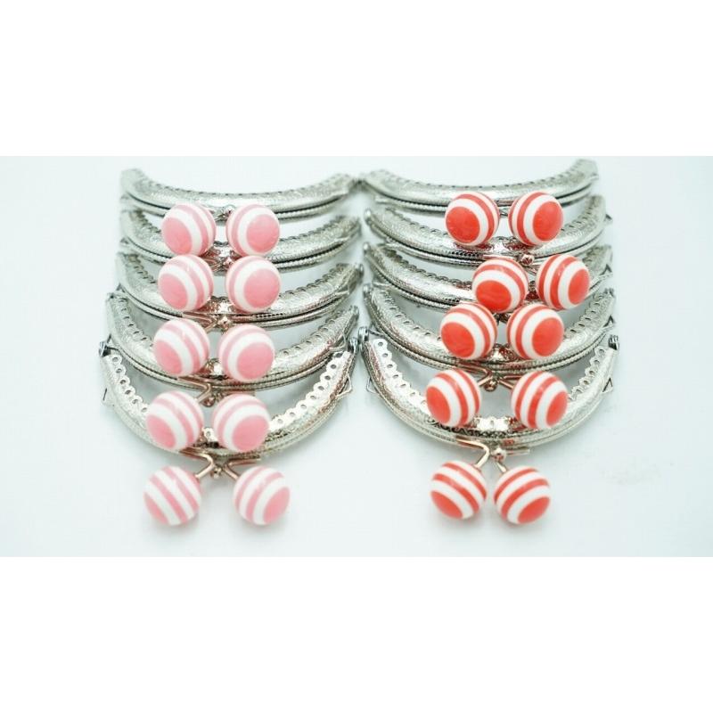 0509 がま口 口金 ハンドメイド 手芸 金属 パーツ 大玉 ガラス ストライプ レッド ピンク 幅約8.5cm 10個セット 資材 手作り 材料 作製 丸形 裁縫 ガラス | 