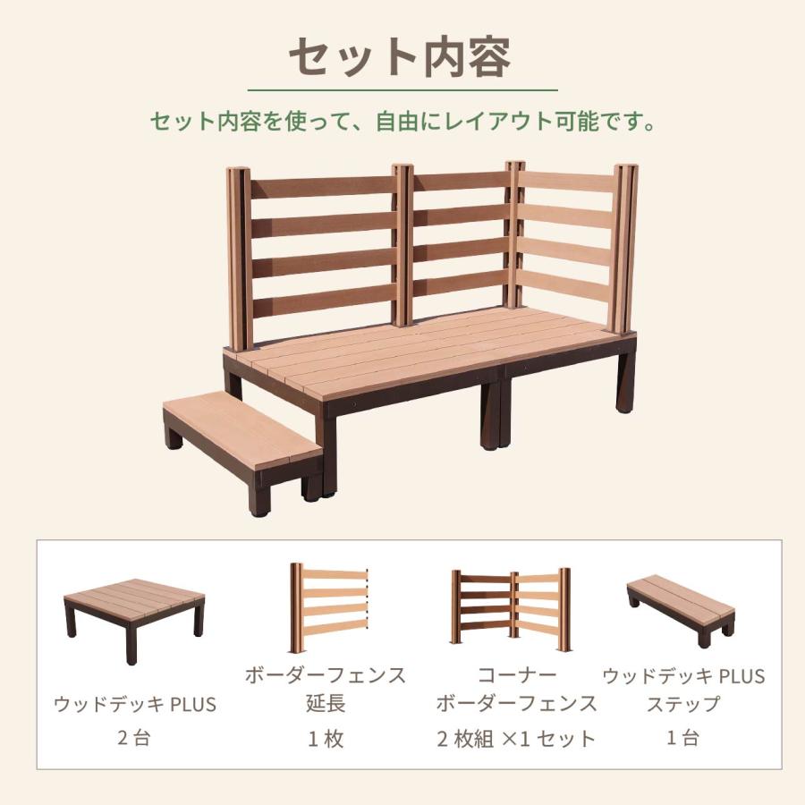 ウッドデッキPLUS 0.5坪 6点セット ナチュラル デッキ本体2点 ボーダー3点 ステップ1点 人工木床板 アルミ合金ボディ高さ4cm調節可能 色あせないの画像