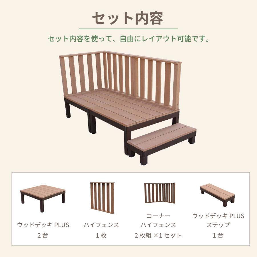 ウッドデッキPLUS 0.5坪 6点セット ナチュラル デッキ本体2点 ハイフェンス3点 ステップ1点 人工木床板 アルミ合金ボディ高さ4cm調節可能 色あせないの画像