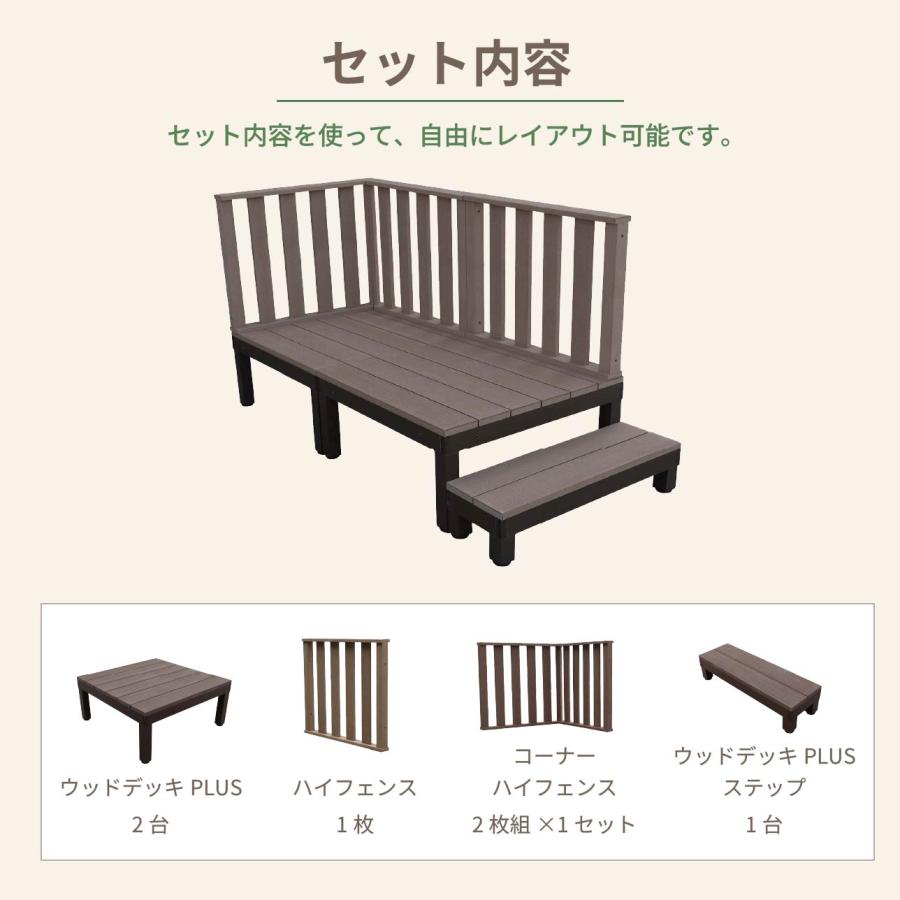 ウッドデッキPLUS 0.5坪 6点セット ダークブラウン デッキ本体2点 ハイフェンス3点 ステップ1点 人工木床板 アルミ合金ボディ高さ4cm調節可能の画像