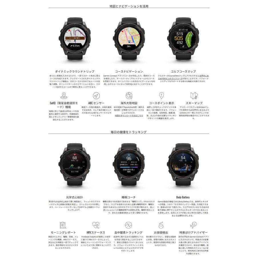 GPSスマートウォッチ ガーミン フェニックス 8 GARMIN fenix 8 Dual Power 51mm ソーラー Suica対応 音声操作 LEDフラッシュライト 心電図の画像