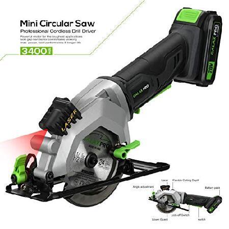 GALAX　PRO　20V　Guide,　60T),　Cutting　Guide,　Saw　Cordless　Rip　battery,　with　Circular　Depth　Max　16&quot;(90　1-11　4-1　Blades(24T　2&quot;　Pcs　2.0Ah　3400RPM,　Laser