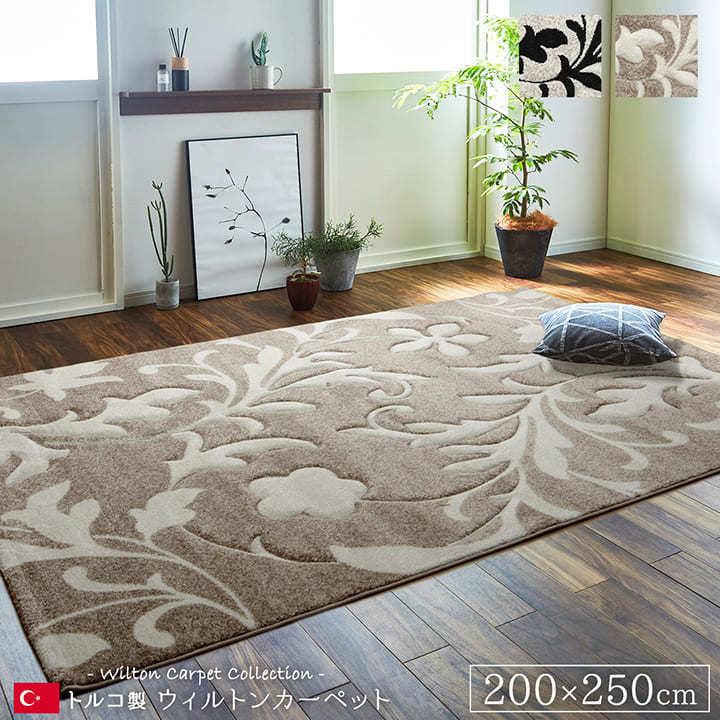 ウィルトン織 ラグ カーペット 約3畳 ルームマット ネム 約200×250cm トルコ製 おしゃれ 植物柄 モダン 抗菌防臭