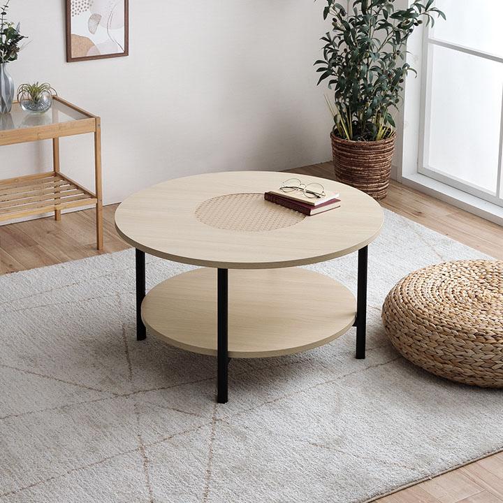 センターテーブル 丸 収納 ローテーブル 木製 おしゃれ ラタン調 直径