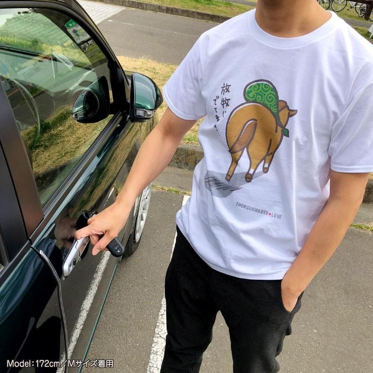 競馬 馬 グッズ  Tシャツ 放牧にでてます ゴロン 放牧 白 半袖 男女兼用 クルーネック 丸首 プレゼント メール便 送料無料 サラブレッド LOVE かわいい C019 |  | 03