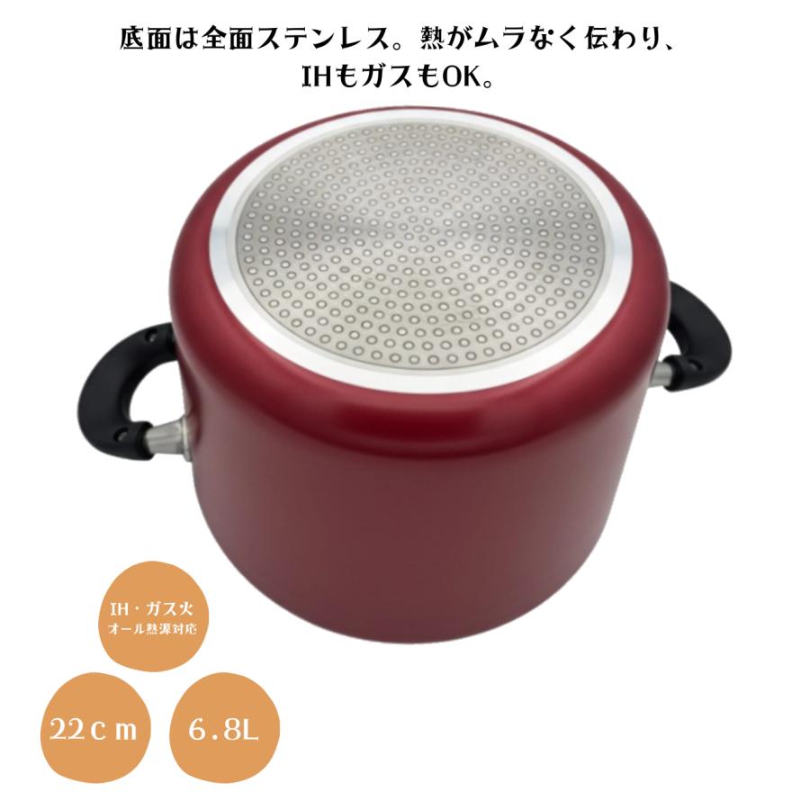 寸胴鍋 22cm 6.8L ガラス鍋蓋付 両手鍋 ガス火 IH対応 フッ素加工