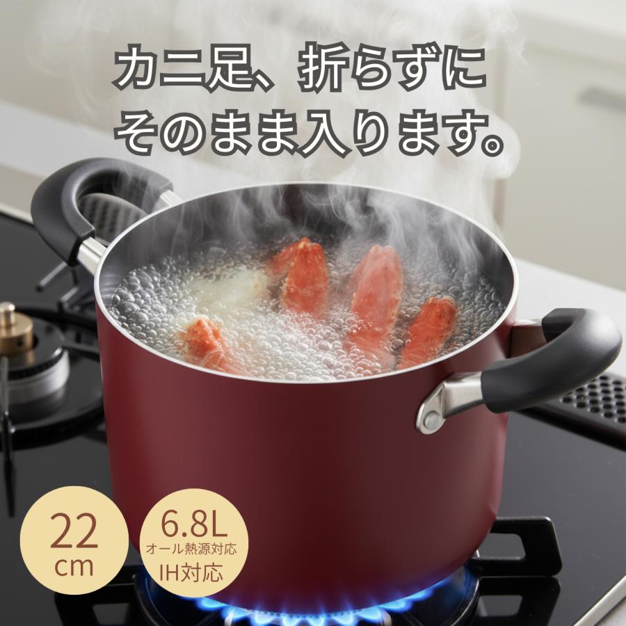 寸胴鍋 22cm 6.8L ガラス鍋蓋付 両手鍋 ガス火 IH対応 フッ素加工