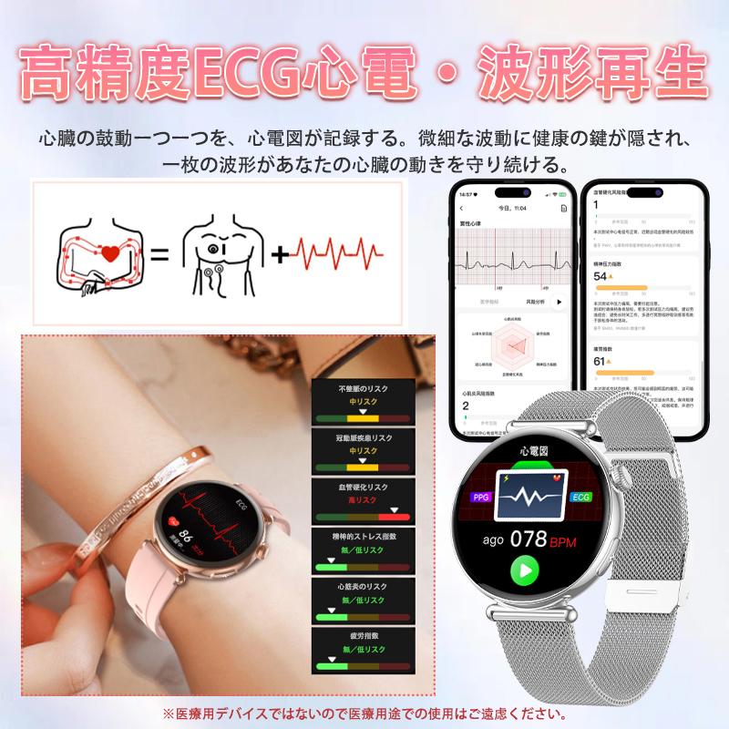 スマートウォッチ 日本製センサー 医療レベル心電図ECG+PPG 血圧 血中酸素 気分/疲労度管理 睡眠管理 着信＆LINE通知 レディース 生理周期 彼女 母の日 爆買の画像
