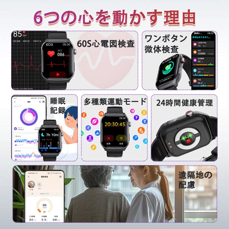 スマートウォッチ 日本製センサー 医療レベル心電図ECG+PPG 血圧/糖 血中酸素 体温測定 高精度心拍数 睡眠管理 呼吸率 歩数計 Line着信通知 iphone/Android 爆買の画像