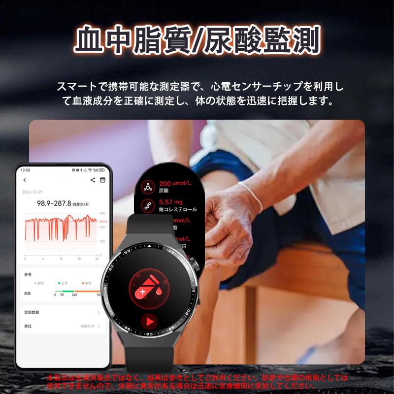 スマートウォッチ 24時間健康管理 糖値 ECG PPG心電図 体組成 通話機能付き 体温 血圧 血中酸素 血中脂質 尿酸 睡眠 HRV 歩数計 着信通知 SOS 母の日 爆買の画像