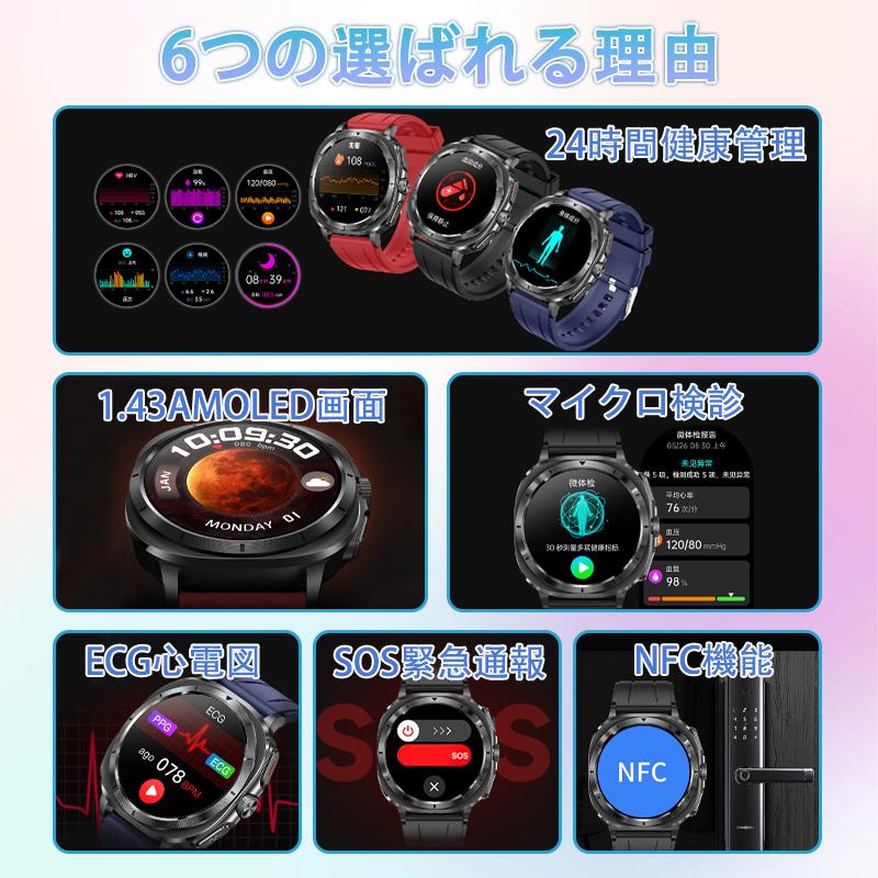 スマートウォッチ 日本製センサー 通話機能 マイクロ健康診断 心電図ECG+HRV 血圧/糖測定 BMI 心拍計 酸素 体温 睡眠 LINE通知 ios/Android対応 母の日 爆買の画像