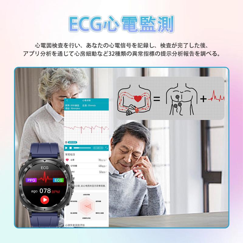 スマートウォッチ 日本製センサー 通話機能 マイクロ健康診断 心電図ECG+HRV 血圧/糖測定 BMI 心拍計 酸素 体温 睡眠 LINE通知 ios/Android対応 母の日 爆買の画像
