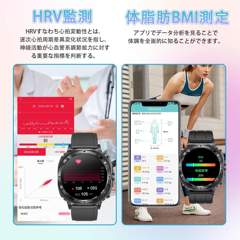 スマートウォッチ 日本製センサー 通話機能 マイクロ健康診断 心電図ECG+HRV 血圧/糖測定 BMI 心拍計 酸素 体温 睡眠 LINE通知 ios/Android対応 母の日 爆買の画像