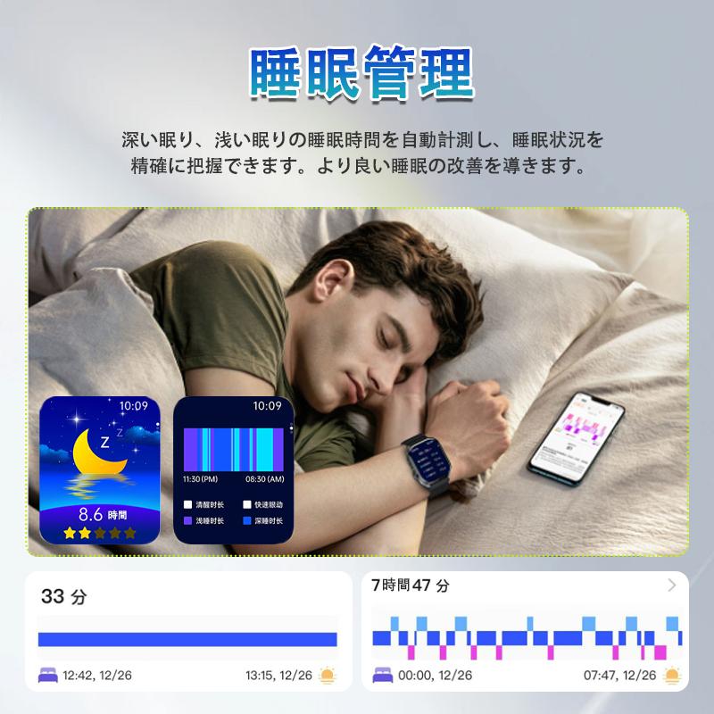 スマートウォッチ 懐中電灯 日本製センサー 通話機能 血圧 心拍数 血中酸素 体組成 ECG HRV 歩数計 体温 睡眠監視 AI対話 LINE着信通知 母の日 爆買の画像