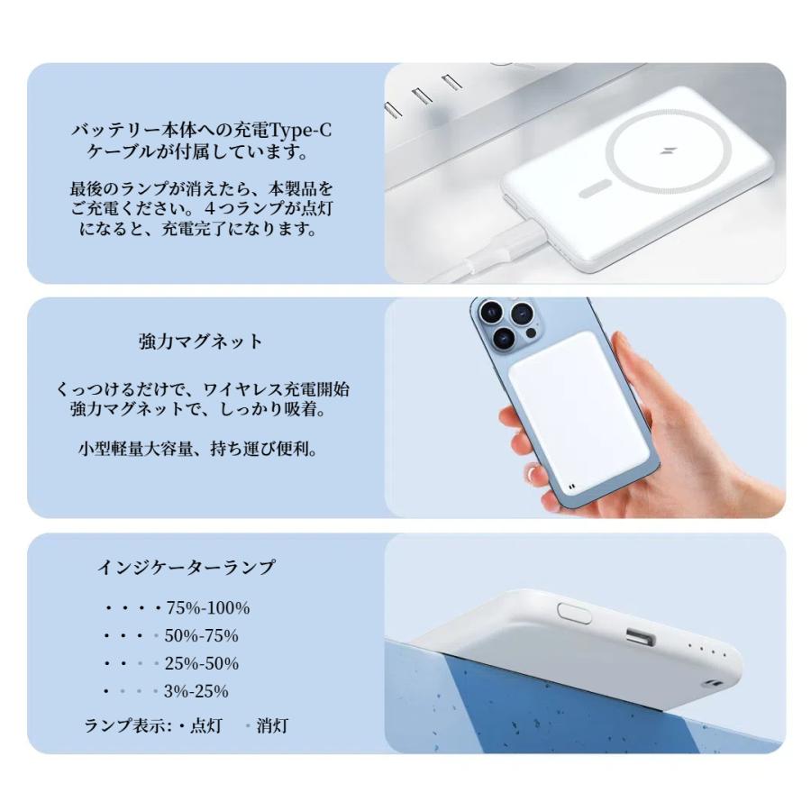 モバイルバッテリー ワイヤレス MagSafe対応 磁気 超軽量 薄型 小型 マグネット 大容量 ミニ スマホ充電器　急速充電　コンパクト マグセーフ　PSE認証　5000mAh | Aniyon | 12