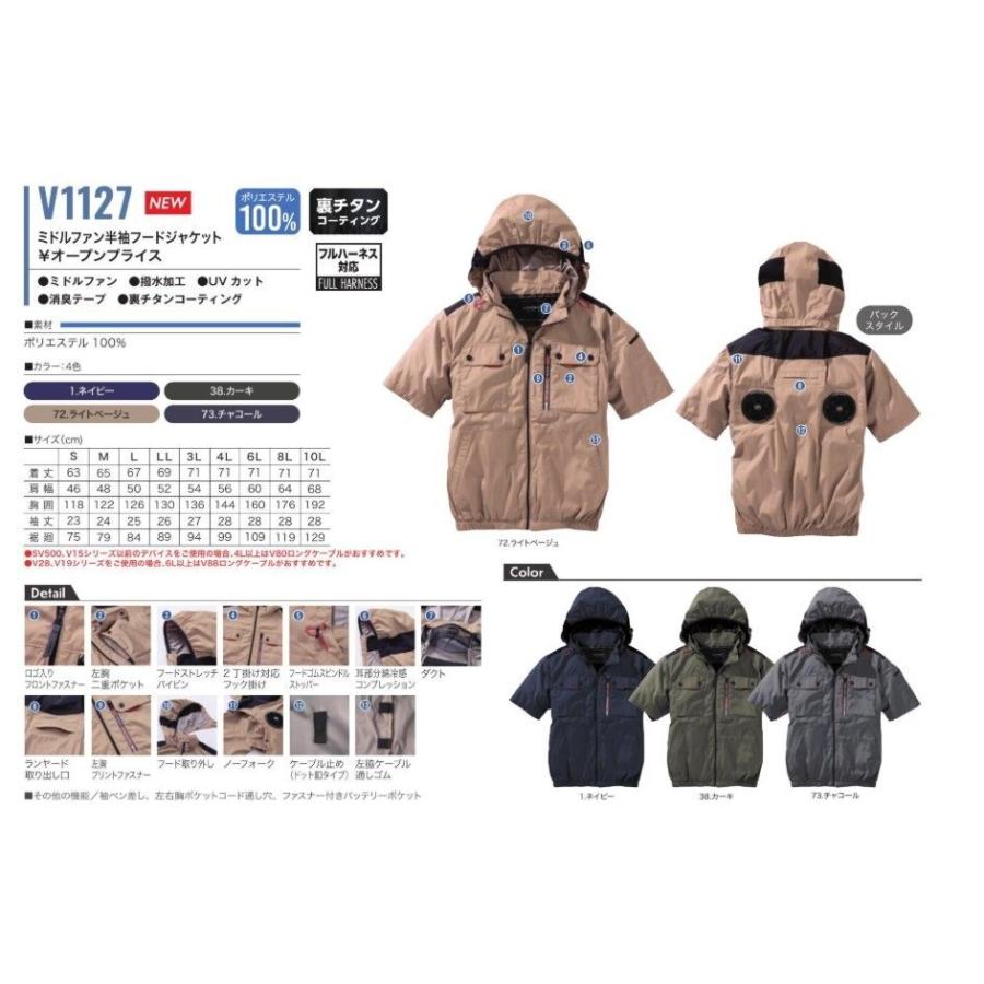 村上被服 HOOH V1127 ミドルファン半袖フードジャケット ネイビー 服