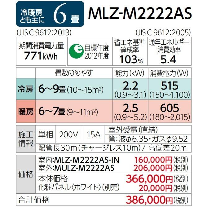 三菱 MLZ-M2217AS （室外機 室内機 化粧パネルセット）天カセエアコン 三菱 MLZ-M2217AS （室外機 室内機 化粧パネルセット）天カセ