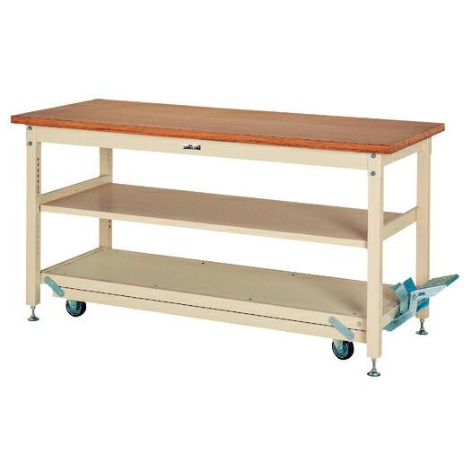 ####u.ヤマキン/山金工業ワークテーブル ペダル移動タイプ 中間棚 固定時3000kgタイプ H922mm ニス仕上積層天板 組立式