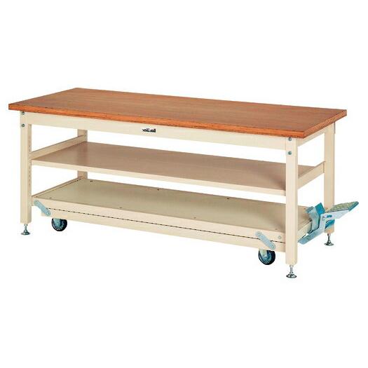 ####u.ヤマキン/山金工業ワークテーブル ペダル移動タイプ 中間棚 固定時3000kgタイプ H762mm ニス仕上積層天板 組立式