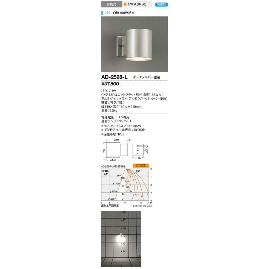 山田照明/YAMADA 【AD-2598-L】エクステリア ブラケットライト 屋外用壁付灯 LEDランプ交換型 電球色 非調光 下方配光タイプ 防雨型 ダークシルバー ランプ付属｜iisakura39｜02