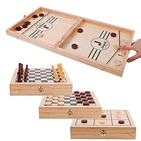 【格安saleスタート】 Sling Fast Wooden 4-in-1 Juegoal Puck Check_並行輸入品 Chess, Adults, and Kids for Set ボードゲーム
