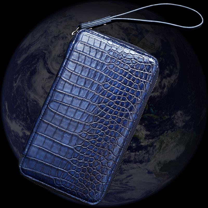 クロコダイル財布 オーガナイザー財布 マットクロコ 青 藍染め メンズ