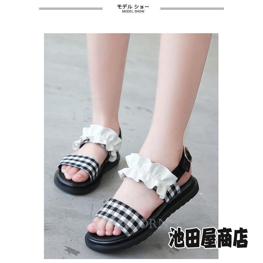 公式の ジュニア サンダル 女の子 シューズ 夏 女児 フリルサンダル チェック柄 フラット底 キッズ 夏サンダル おしゃれ 姫系 子供 サマーサンダル Aynaelda Com