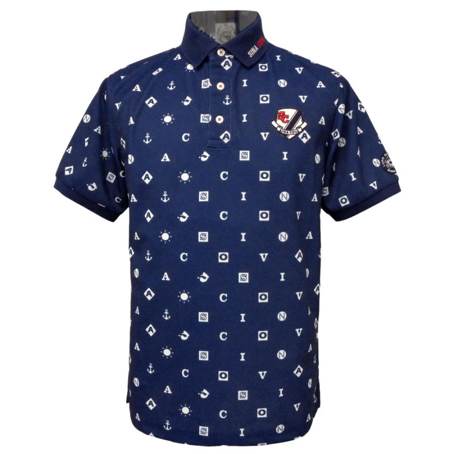 【新品未使用品　タグ付】シナコバ　半袖 総柄　ポロシャツ　L 日本製　ネイビー SINA COVA（シナコバ） 40％OFF 春夏 襟にロゴ刺繍 総柄半袖ポロシャツ