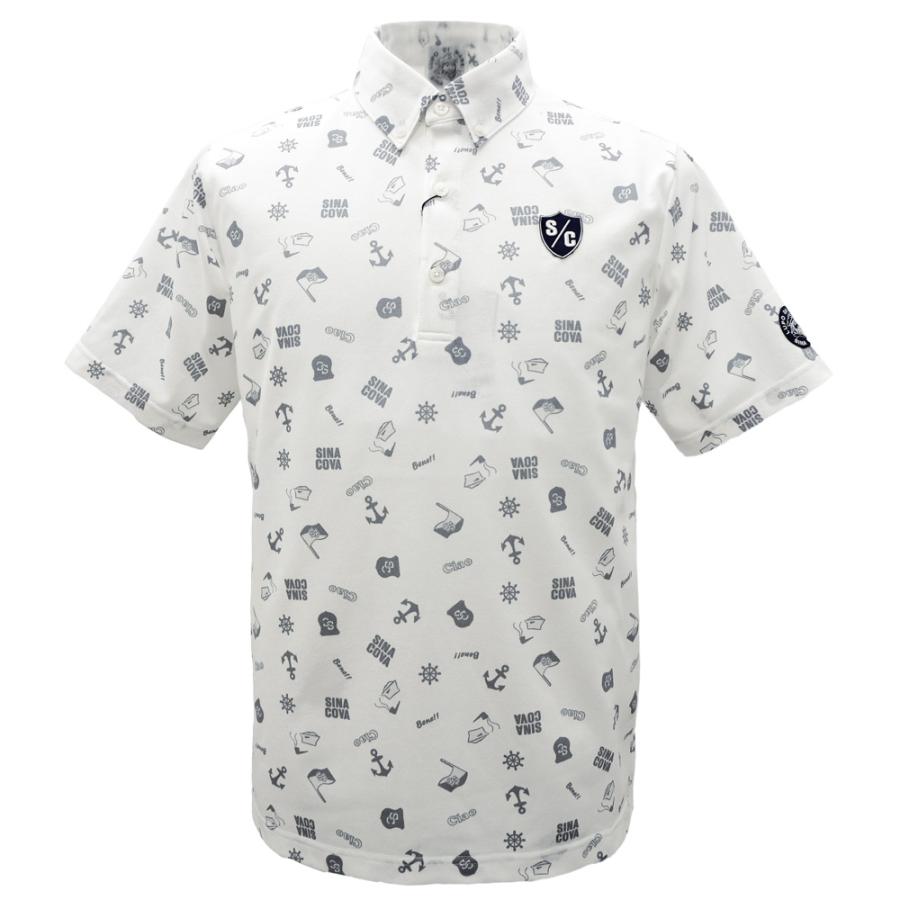 30%OFF 2025春夏新作 シナコバ marine総柄pt 半袖ボタンダウンポロシャツ (白) (M)(L)(LL) PS*0124150510100