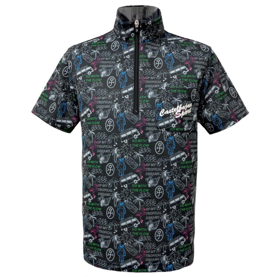 CASTELBAJAC　GOLF　総柄　モックネック　半袖シャツ　50 CASTELBAJAC GOLF 総柄 モックネック 半袖シャツ 50