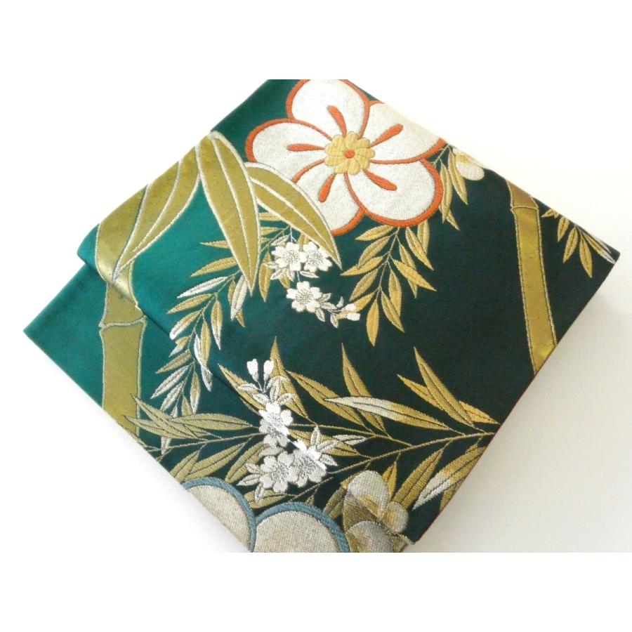 【中古】正絹袋帯 仕立上り 緑地に松竹梅と桜 056 fso