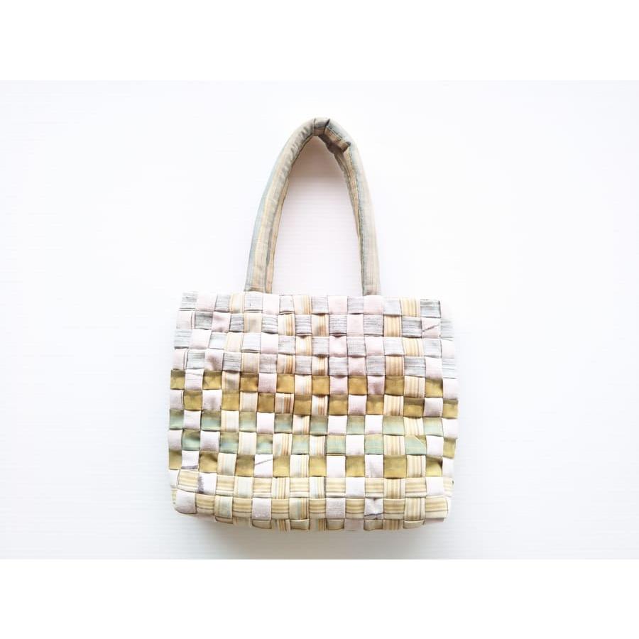 シルク100％ 正絹草木染紬使用 格子編み トートバッグ 手提げ グリーン