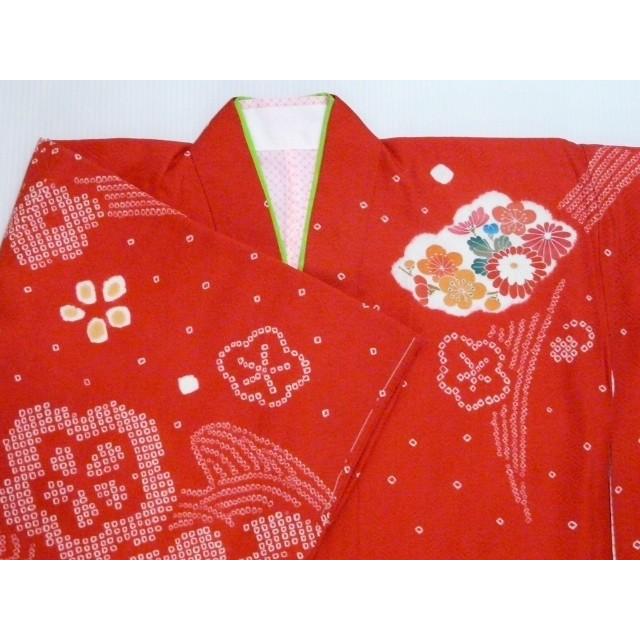 七五三 7歳 女児 祝着 正絹 赤地に花 鹿の子 古典柄 ひな祭り お雛様