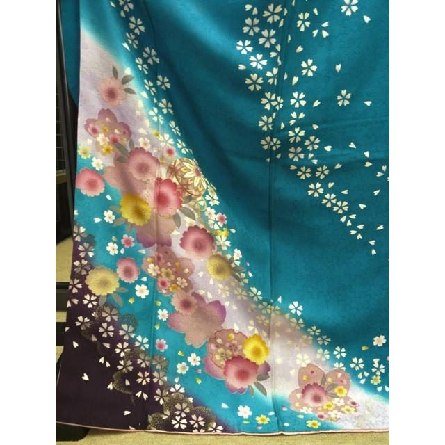 振袖 正絹 試着品 青緑 桜吹雪 桜織り金箔 金駒刺繍 着丈175cm 裄68cm 