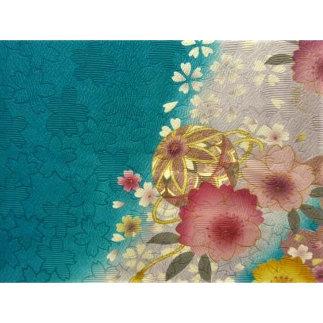 振袖 正絹 試着品 青緑 桜吹雪 桜織り金箔 金駒刺繍 着丈175cm 裄68cm 